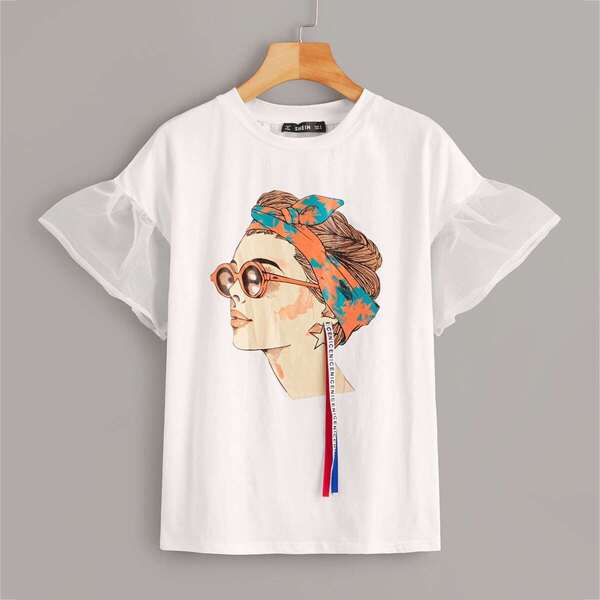 

Mesh Sleeve Figure With Ribbon Detail Tee