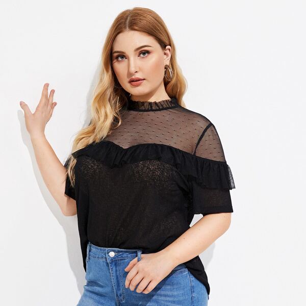 

Plus Swiss Dot Mesh Yoke Trim Ruffle Rib-knit Top
