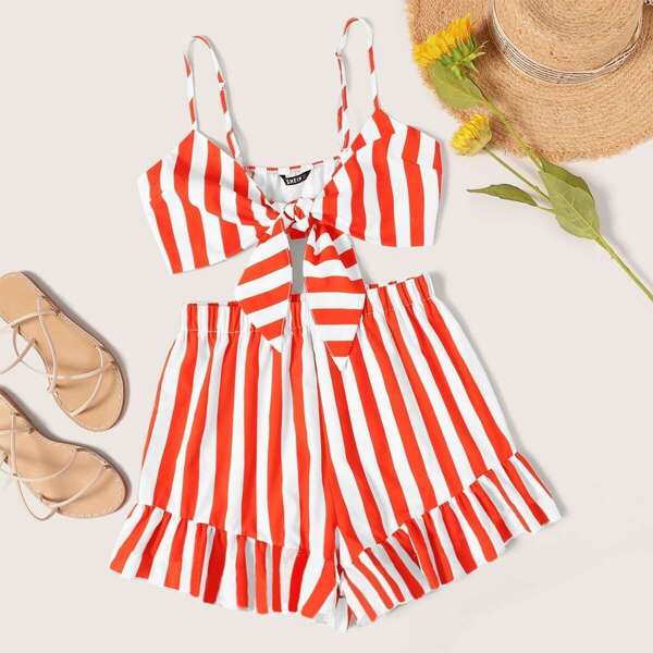 

Striped Tie Front Cami Crop Top & Ruffle Hem Shorts Set
