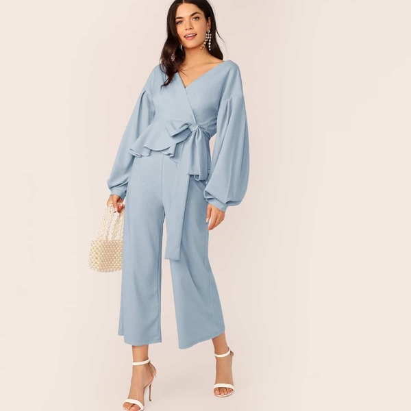 

Knot Side Surplice Wrap Peplum Top & Wide Leg Pants Set, Blue