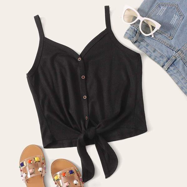 

Button Front Knot Hem Rib-knit Cami Top, Black