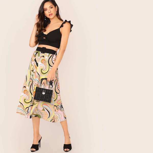 

Belted Waist Paisley Print Flared Midi Skirt, Multicolor