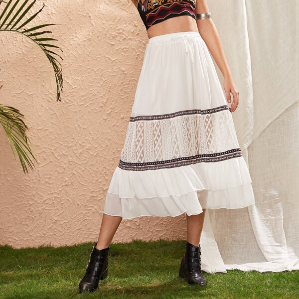

Lace Panel Layered Ruffle Hem Skirt, White