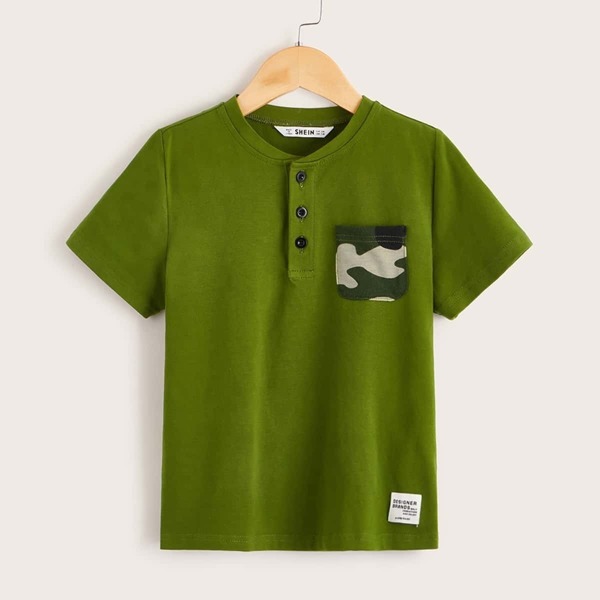 

Boys Camo Pocket Patched Half Placket Polo Top