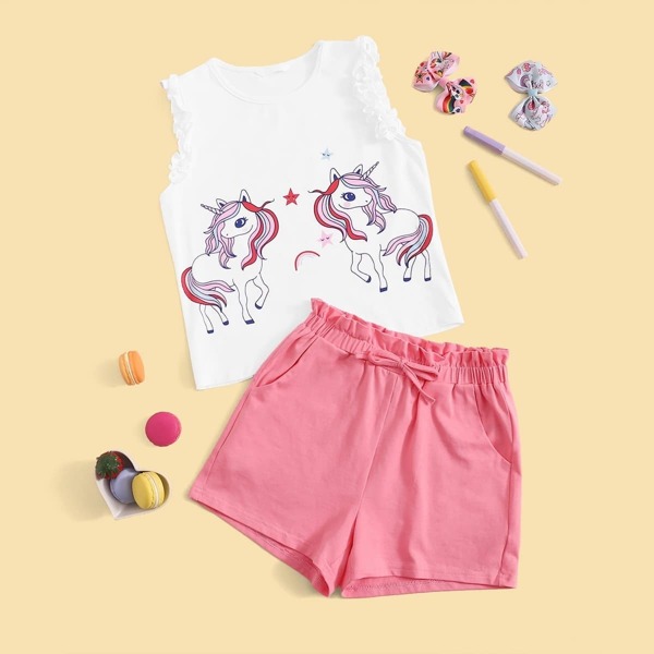 

Girls Unicorn Print Top and Tie Front Pocketed Shorts Set