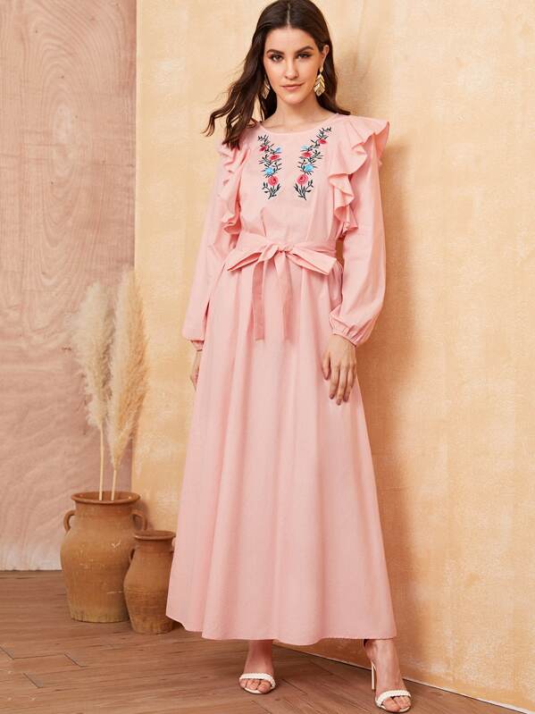 

Embroidered Floral Ruffle Armhole Belted Dress, Pink, Vikie