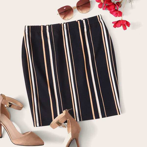 

Colorful Striped Pencil Skirt, Black
