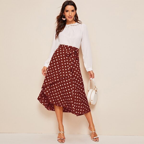 

Ruffle Hem Self Belted Polka Dot Wrap Skirt, Burgundy