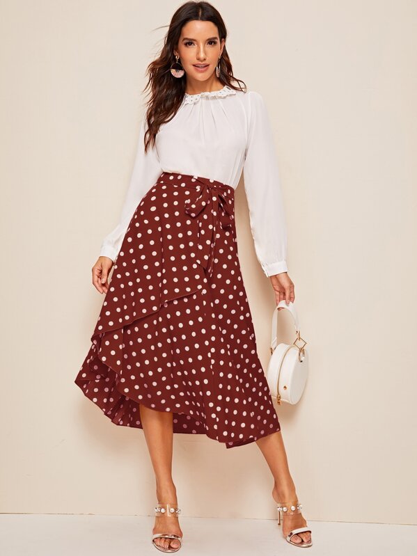 

Ruffle Hem Self Belted Polka Dot Wrap Skirt, Burgundy
