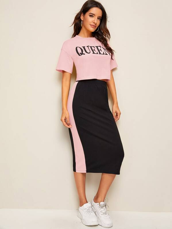 

Letter Graphic Drop Shoulder Top and Striped Tape Skirt Set, Multicolor, Juliana