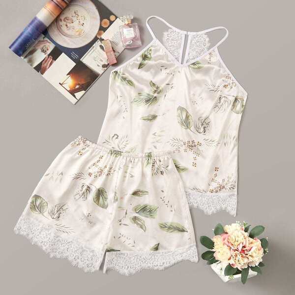 

Leaf Print Eyelash Lace Satin Cami PJ Set