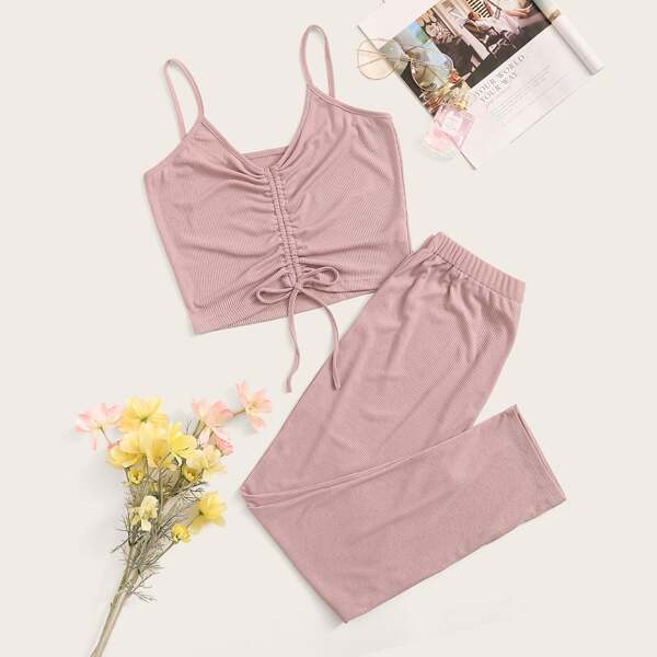 

Ruched Knot Detail Cami & Pants PJ Set, Pastel baby pink