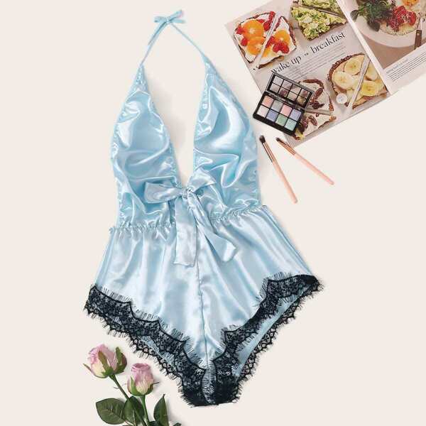 

Eyelash Lace Satin Halter Romper Bodysuit