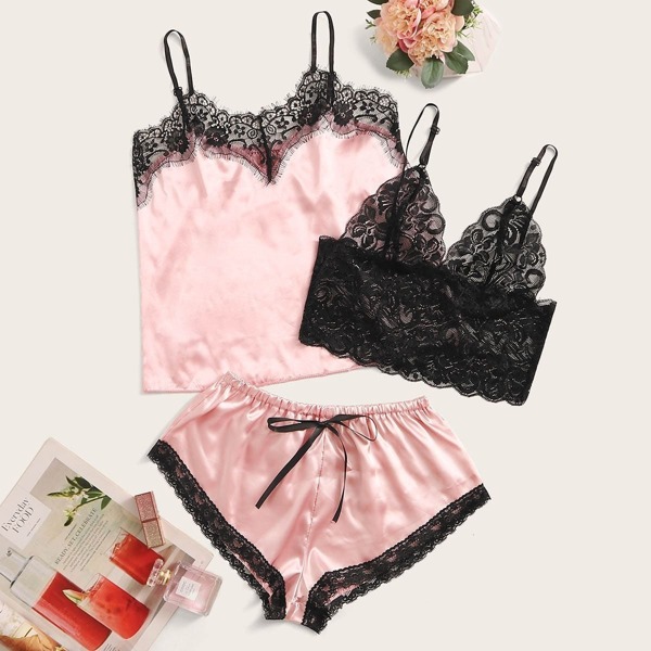 

Floral Lace Satin Lingerie Set 3pack