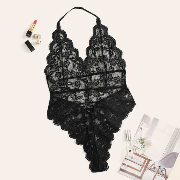 

Plus Floral Lace Halter Teddy Bodysuit, Black