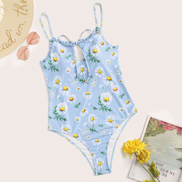 

Plus Floral Lettuce Trim One Piece Swimwear, Blue pastel