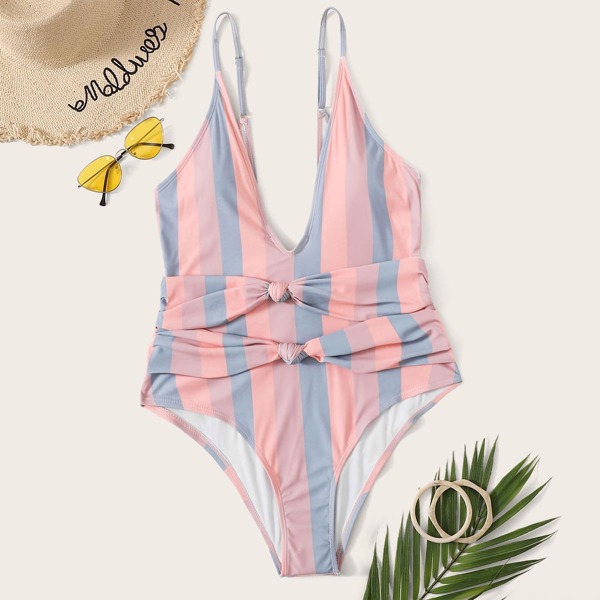 

Plus Knot Front Striped One Piece Swimwear, Multicolor
