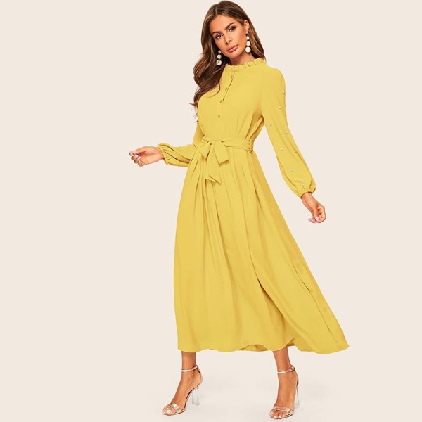 

Pearls Trim Tie Waist Shirt Dress