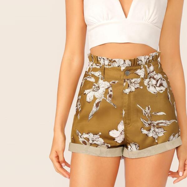 

Paperbag Waist Rolled Hem Shorts, Yellow