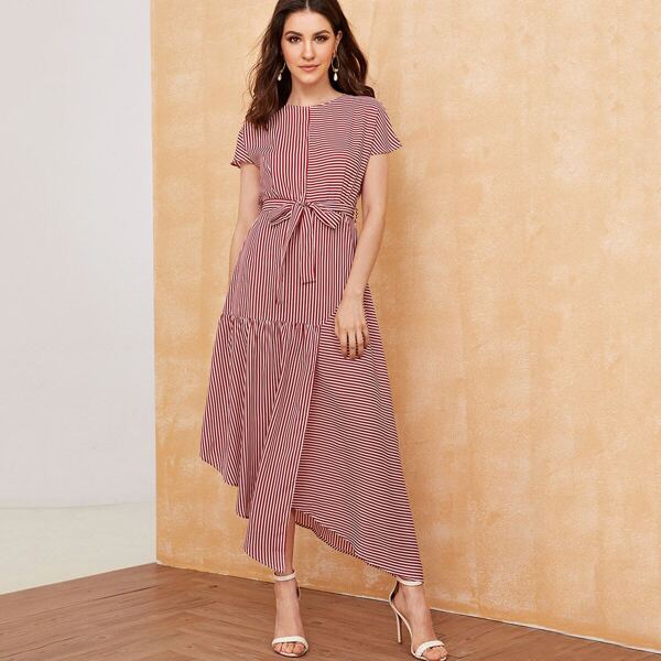

Striped Asymmetrical Hem Belted Dress