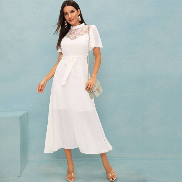 

Lace Insert Frill Neck Belted Dress