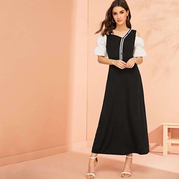

Colorblock Puff Sleeve Asymmetrical Dress