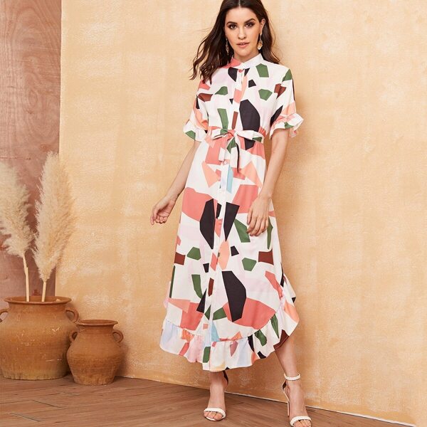 

Colorful Geo Print Ruffle Hem Dress, Multicolor