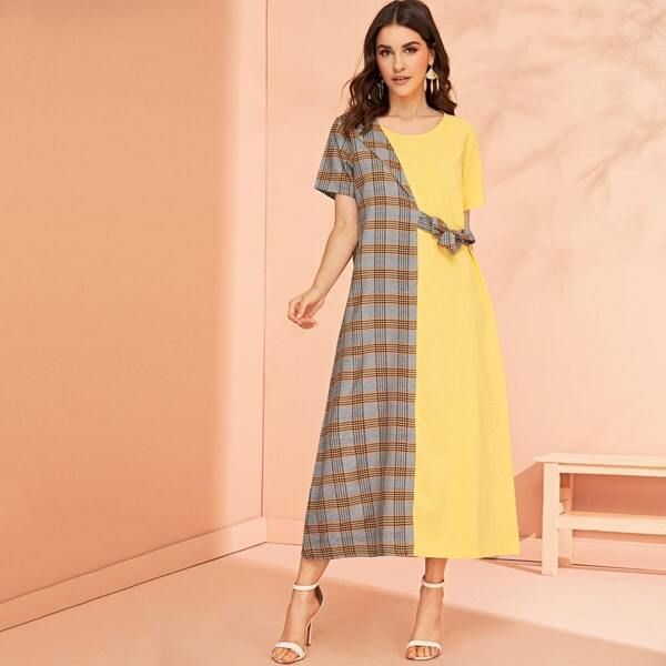 

Plaid Contrast Knot Side Dress, Multicolor