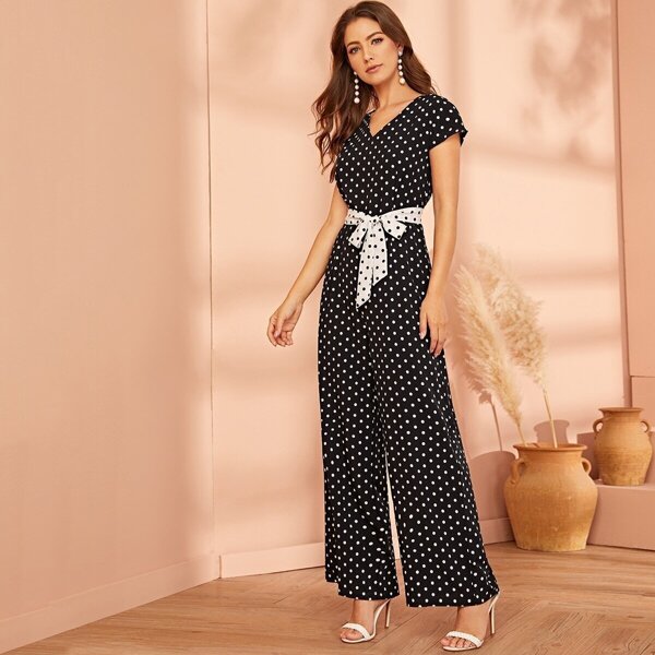 

Polka Dot Colorblock Belted Wide Leg Jumpsuit