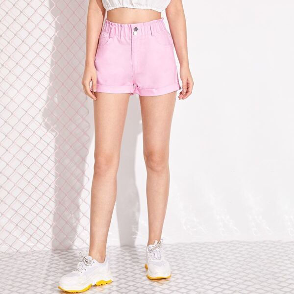 

Frill Waist Cuffed Hem Denim Shorts