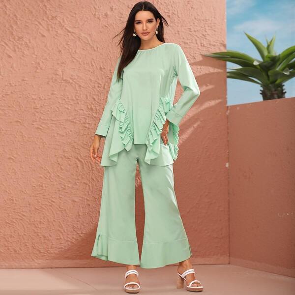 

Solid Ruffle Trim Blouse & Flare Leg Pants