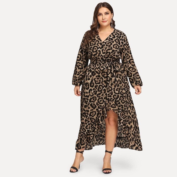 

Plus Self Tie Ruffle Hem Leopard Print Dress