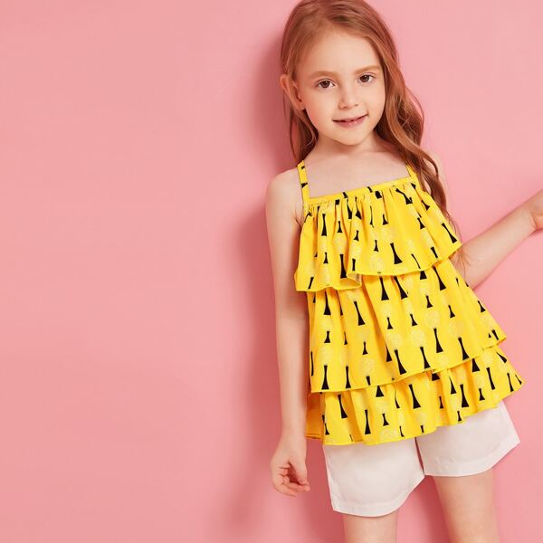 

Toddler Girls Plants Print Layer Ruffle Cami Top With Shorts