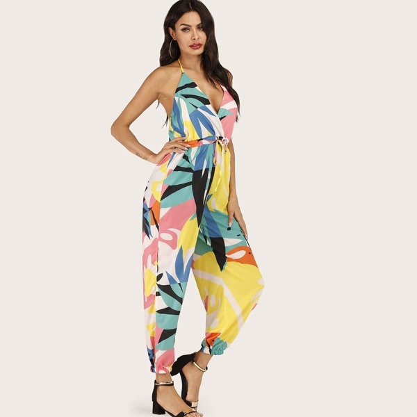 

Plants Print Drawstring Waist Backless Halter Jumpsuit