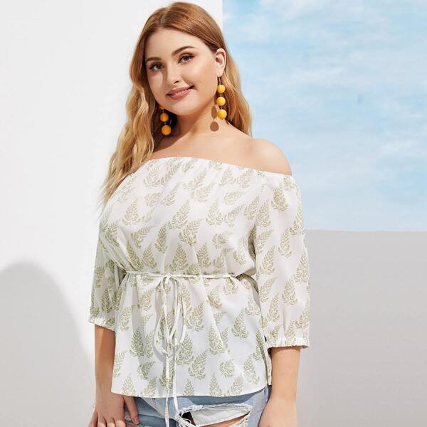 

Plus Off-shoulder Allover Leaf Print Belted Blouse