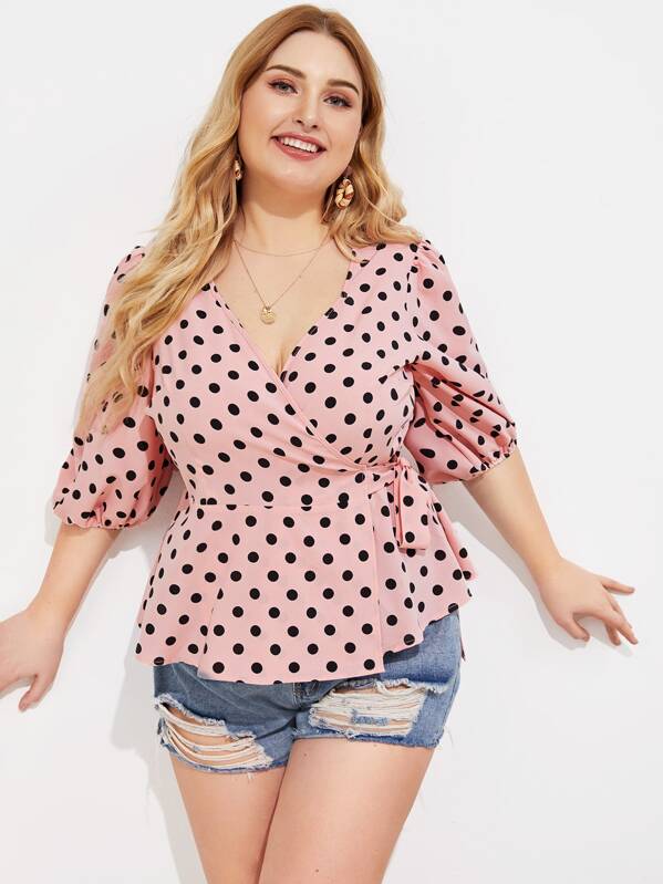 

Plus Polka Dot Peplum Wrap Tea Blouse, Pink, Nora