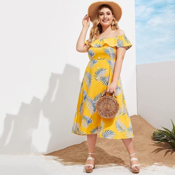 

Plus Button Front Leaf Print Bardot Dress