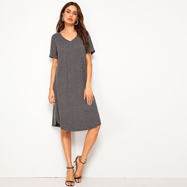 

V Neck Slit Side Tee Dress, Grey