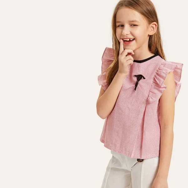 

Girls Bow Detail Ruffle Trim Striped Blouse, Pink