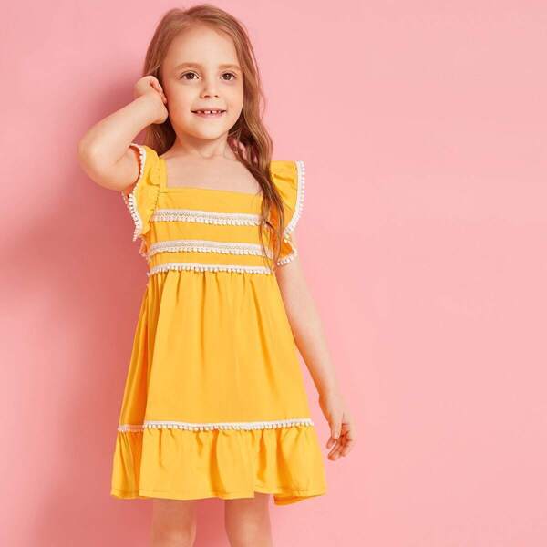 

Toddler Girls Ruffle Armhole Lace Trim Dress, Yellow bright