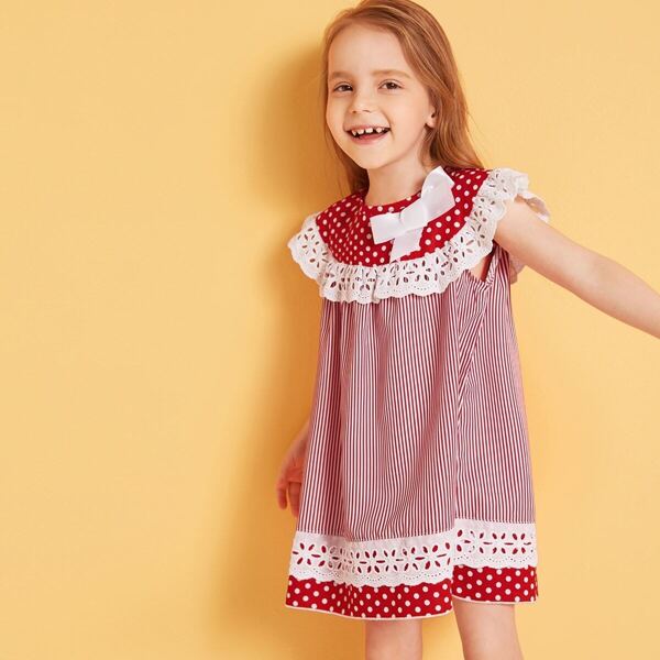 

Toddler Girls Striped & Polka-dot Eyelet Embroidered Dress, Red
