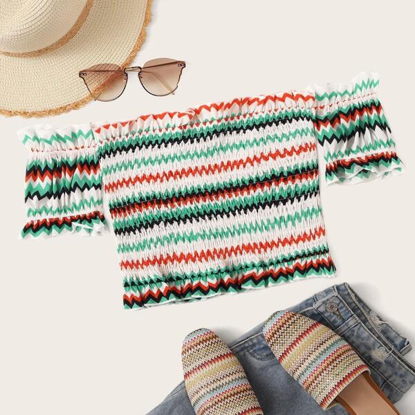 

Off Shoulder Frill Trim Shirred Crop Top