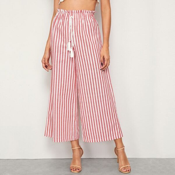 

Striped Paperbag Waist Fringe Detail Wide Leg Pants