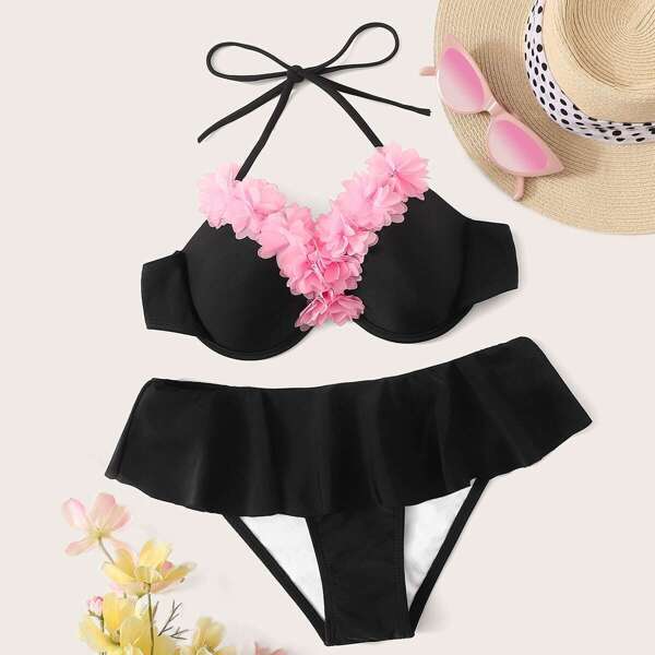 

Appliques Trim Halter Top With Ruffle Trim Bikini Set
