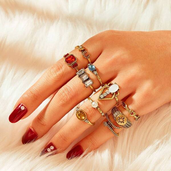 

Faux Pearl & Gemstone Engraved Ring 10pcs