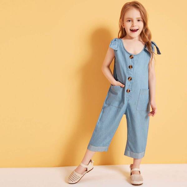 

Toddler Girls Button Front Dual Pocket Bow Detail Denim Jumpsuit