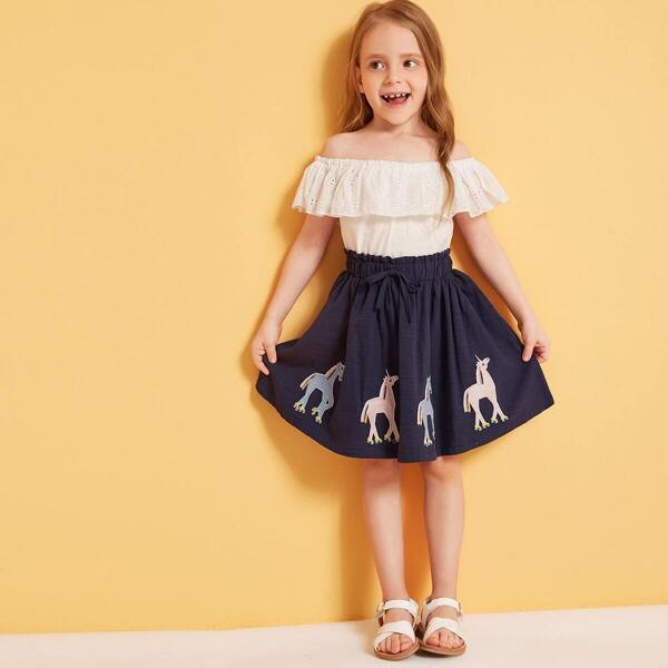 

Toddler Girls Drawstring Waist Horse Patched Paperbag Skirt