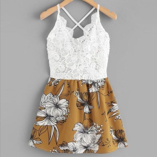 

Plus Floral Print Lace Panel Tie Back Cami Dress, Multicolor