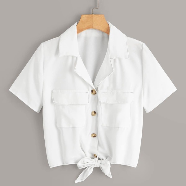 

Button Front Knot Hem Pocket Blouse, White