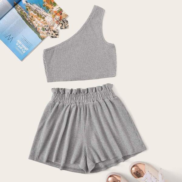 

One Shoulder Ribbed Top With Shirred Frill Shorts, Grey
